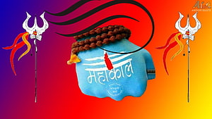 Mahakal Shiva Statue With Tridents And Rudraksha Beads On Vibrant Gradient Background HD wallpaper