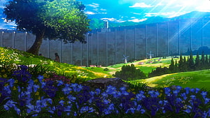 Attack on Titan Wall Rose Landscape with Blue Flowers and Windmills HD wallpaper