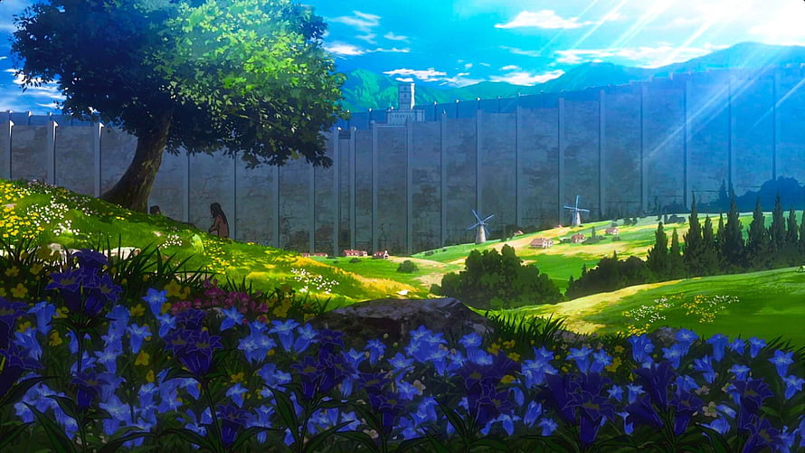 Attack on Titan Wall Rose Landscape with Blue Flowers and Windmills HD wallpaper