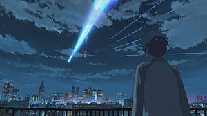 Kimi no Na Wa Anime Scene of Boy Watching Meteor Shower Over Night City Skyline HD wallpaper