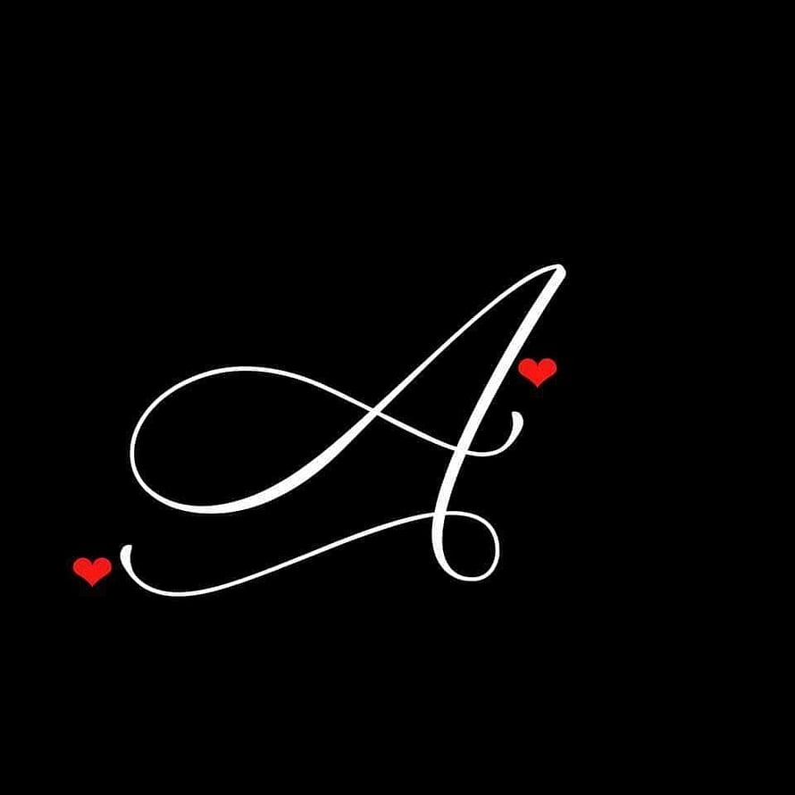 Elegant White Cursive Letter A with Red Hearts on Black Background HD phone wallpaper