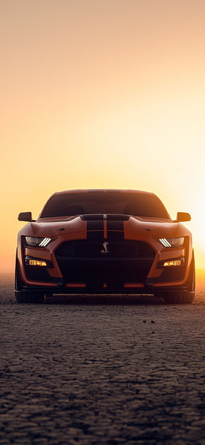 Orange Ford Mustang Shelby GT500 Front View at Sunset on Gravel Road HD phone wallpaper