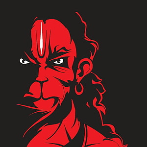 Red stylized illustration of Hanuman the monkey god with intense expression and traditional tilak mark on black background, Bajrang art Jai bajrang bali Graphics ART, hanuman cartoon HD phone wallpaper