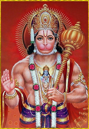 Lord Hanuman Holding Golden Mace With Rama Sita Pendant On Red Background, Lord Hanuman, hanuman ji mobile HD phone wallpaper