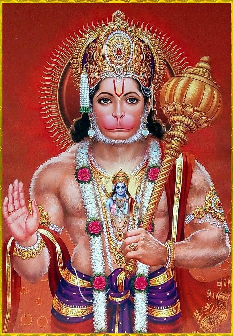 Lord Hanuman Holding Golden Mace With Rama Sita Pendant On Red Background, Lord Hanuman, hanuman ji mobile HD phone wallpaper
