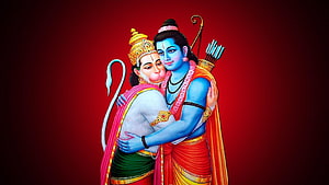 Emotional Friendship of Lord Rama and Hanuman Embracing on Red Background, Shree Ram and Hanuman Hug, lord hanuman 3d HD wallpaper