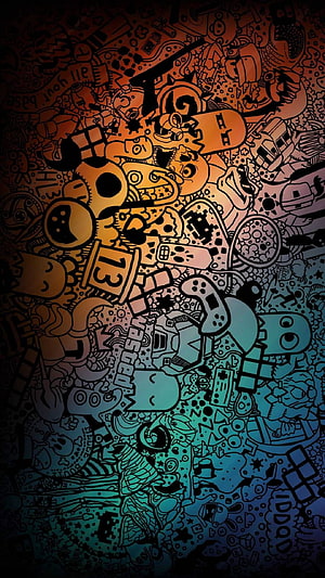 Colorful Doodle Art Wallpaper Featuring Gaming Controllers, Pizza, and Cartoon Characters in a Vibrant Gradient Style HD phone wallpaper