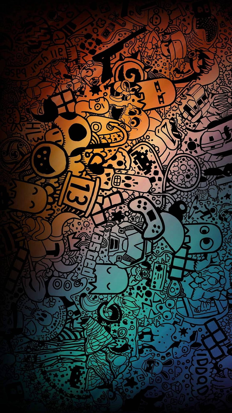 Colorful Doodle Art Wallpaper Featuring Gaming Controllers, Pizza, and Cartoon Characters in a Vibrant Gradient Style HD phone wallpaper