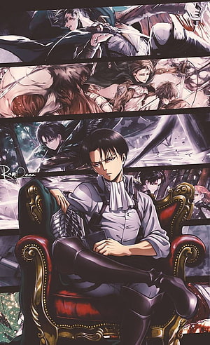 Levi Ackerman Anime Character Sitting in Ornate Armchair with Attack on Titan Artwork, levi ackerman , #Levi Ackerman HD phone wallpaper