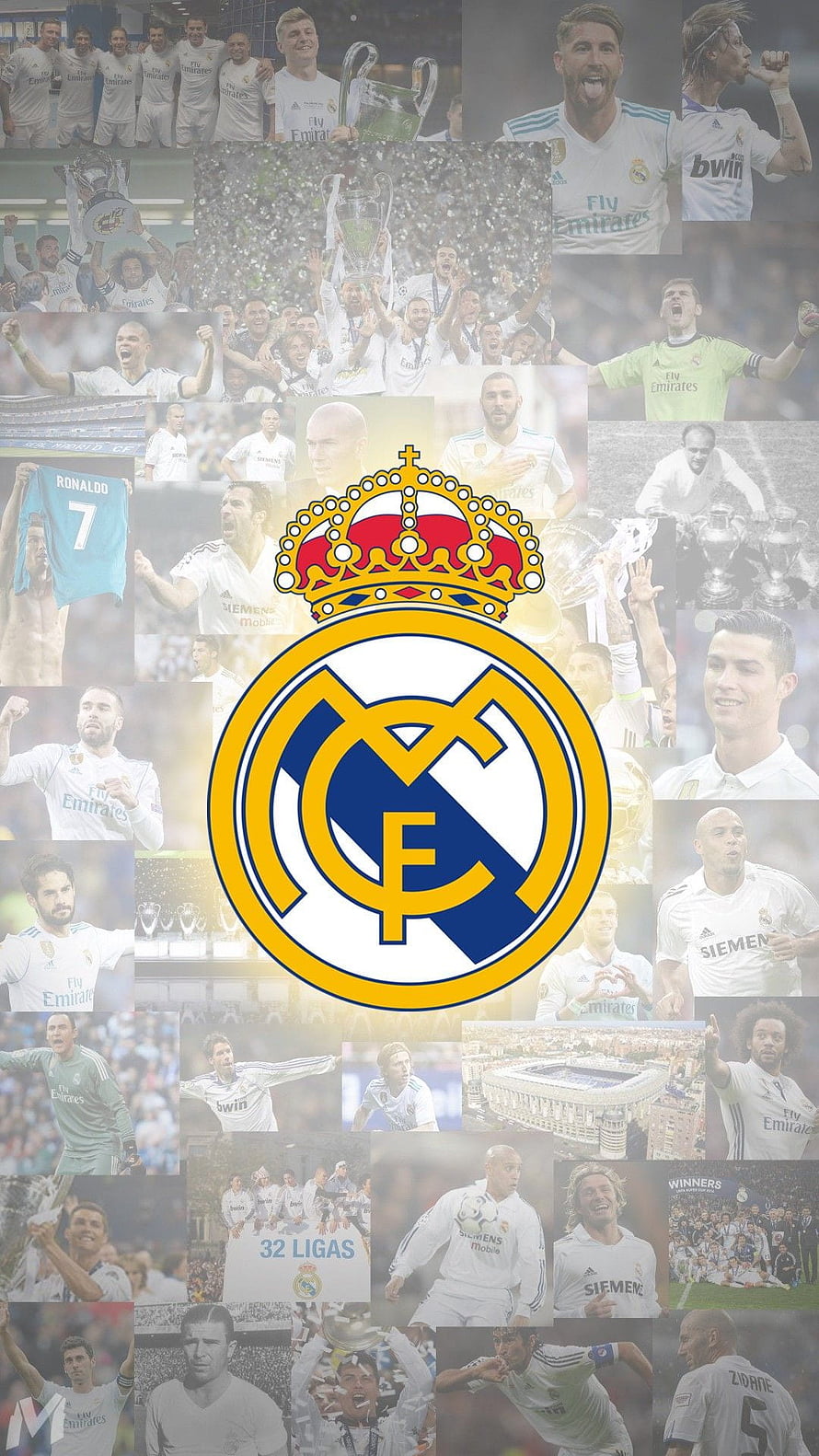 Real Madrid CF Logo and Player Collage Wallpaper HD phone wallpaper