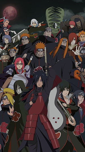 Naruto Akatsuki Members Group Portrait Under a Blood Moon HD phone wallpaper