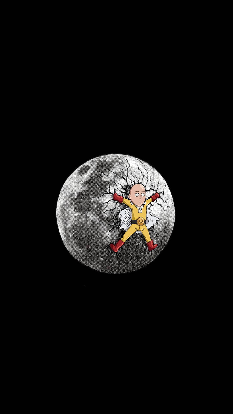 Saitama from One Punch Man Standing on a Cracked Moon Against a Black Sky, One Punch Man HD phone wallpaper