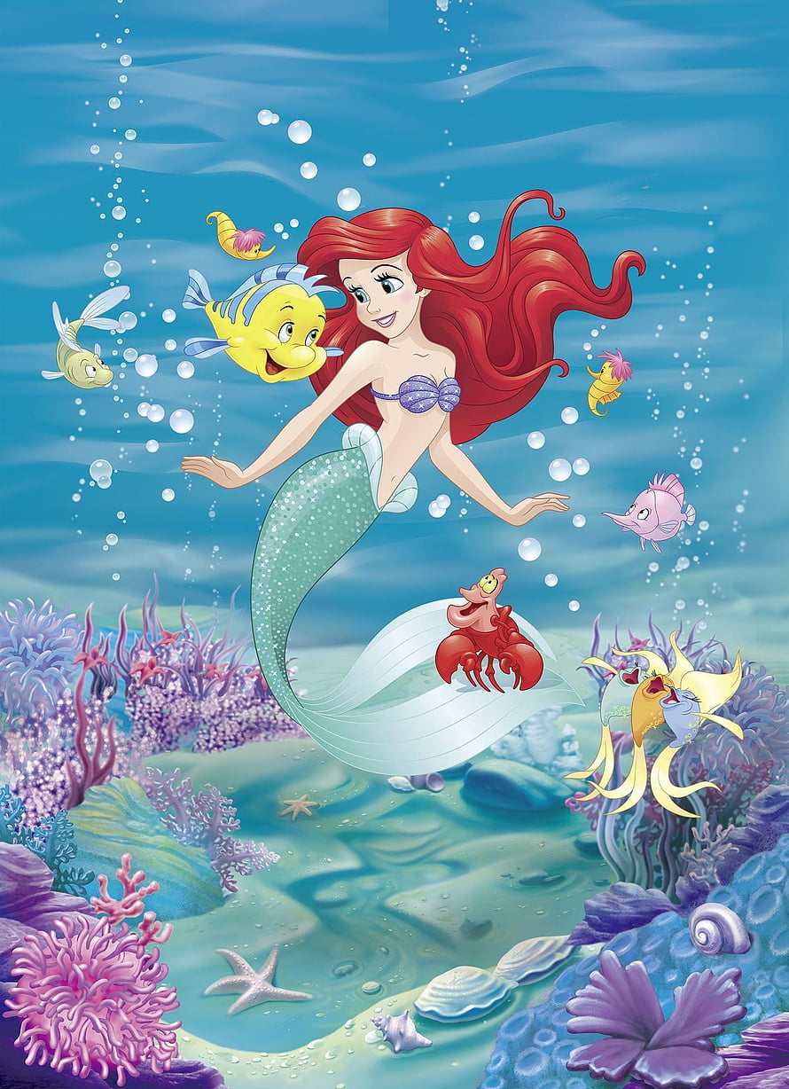Ariel from The Little Mermaid swimming through a vibrant coral reef with Flounder and Sebastian HD phone wallpaper