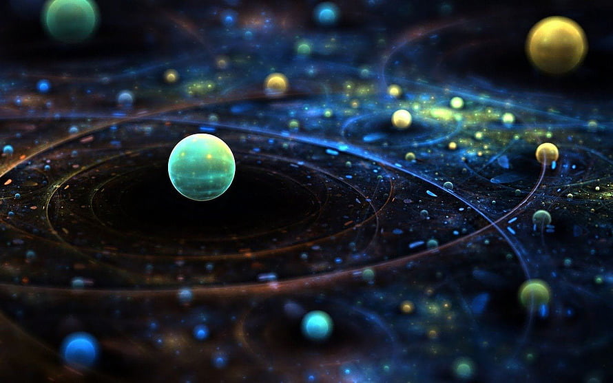 Abstract Quantum Physics Visual with Glowing Orbs and Swirling Cosmic Particles HD wallpaper
