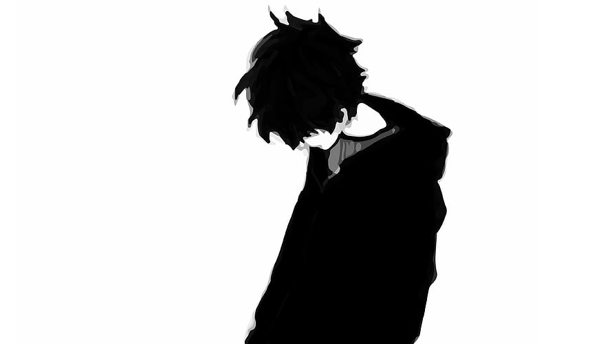 Black and White Anime Boy Silhouette with Head Down in Melancholic Pose HD wallpaper