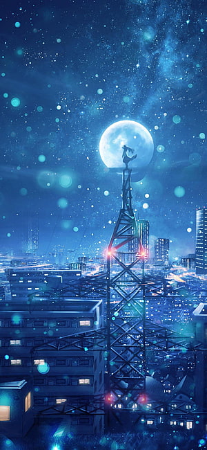 Anime Night Cityscape with Full Moon and Tower Silhouette HD phone wallpaper