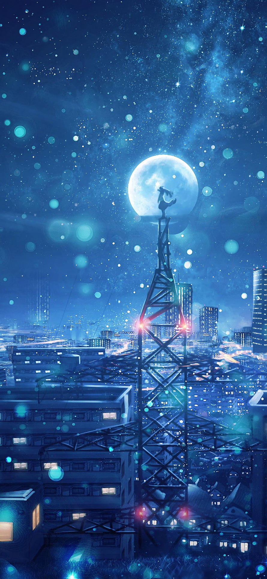 Anime Night Cityscape with Full Moon and Tower Silhouette HD phone wallpaper