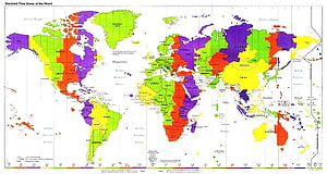 Colorful World Map Illustrating Standard Time Zones Across All Continents HD wallpaper