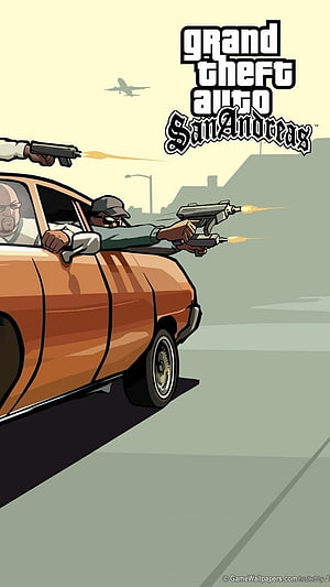 Grand Theft Auto San Andreas Stylized Car Gunfight Artwork HD phone wallpaper