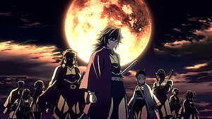 Demon Slayer Hashira Group Standing Before Giant Blood Moon Anime Wallpaper HD wallpaper
