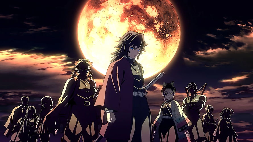 Demon Slayer Hashira Group Standing Before Giant Blood Moon Anime Wallpaper HD wallpaper