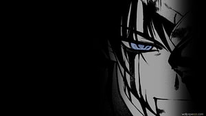 Dark Anime Character Close-Up with Intense Blue Eyes and Black Hair HD wallpaper
