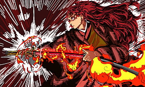 Yoriichi Tsugikuni Wielding Flame Katana in Dynamic Demon Slayer Manga Art HD wallpaper