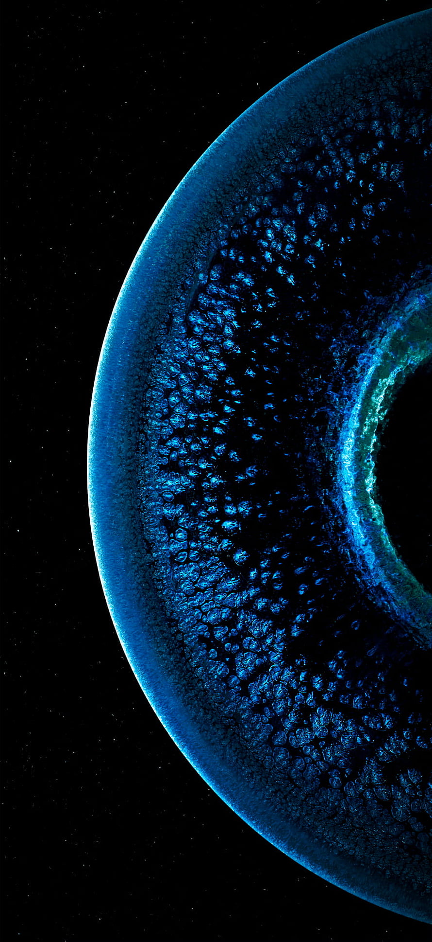 Glowing Blue Celestial Sphere with Textured Surface Against Starry Black Space HD phone wallpaper