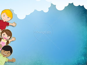 Cheerful cartoon children waving against a blue sky with fluffy white clouds HD wallpaper