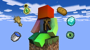 Minecraft Skyblock Survival Scene With Floating Resources And Blocky Character HD wallpaper