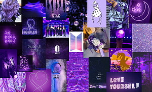 BTS ARMY Purple Aesthetic Collage with Neon Lights and Fan Merchandise HD wallpaper