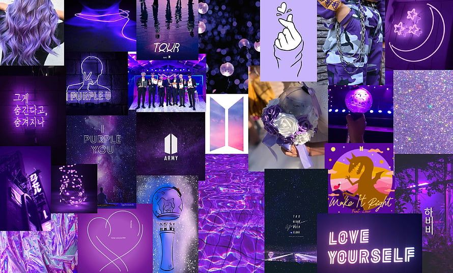 BTS ARMY Purple Aesthetic Collage with Neon Lights and Fan Merchandise HD wallpaper