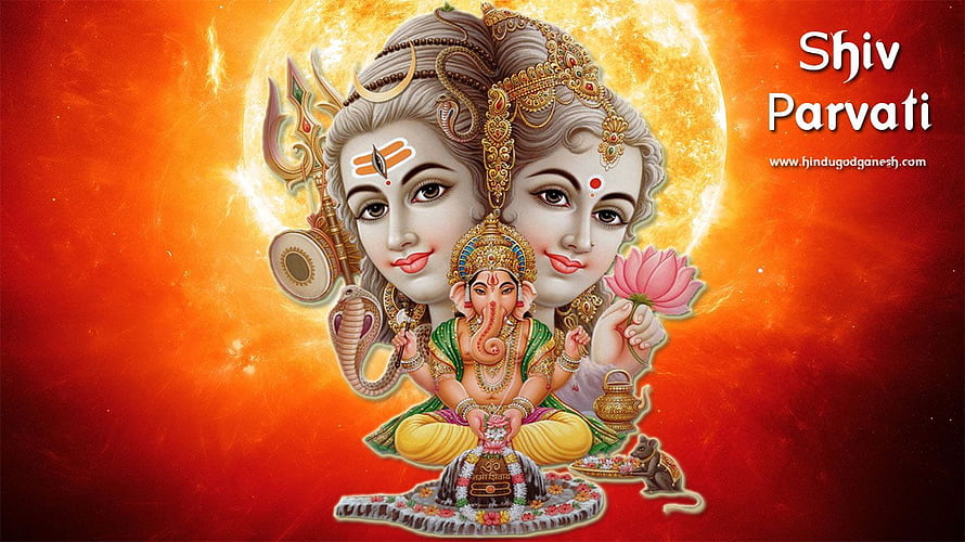 Shiva and Parvati with Ganesha and Shiva Lingam on Vibrant Orange Background HD wallpaper