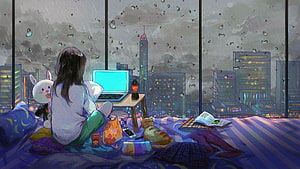 Anime Girl Relaxing in Bedroom with Cat and Laptop During Rainy Night City View HD wallpaper