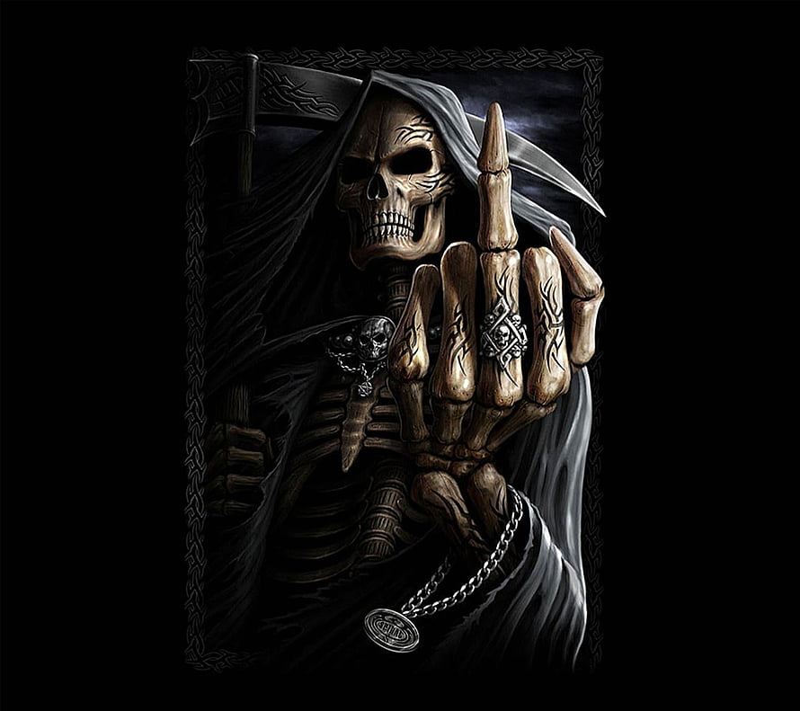 Grim Reaper Skeleton with Scythe and Finger Gesture in Dark Hooded Cloak HD wallpaper