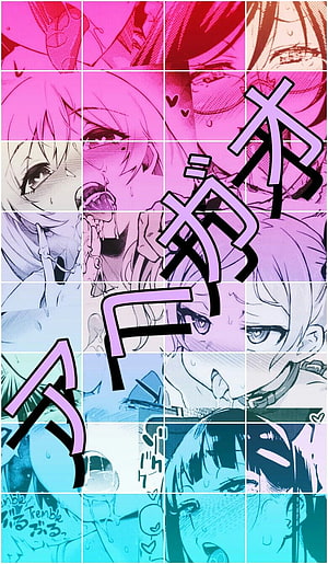 Tremble anime manga collage wallpaper featuring pink and blue gradient panels with expressive character faces and Japanese text overlay, ahegao anime animes manga, ahegao 1920x1080 girl anime HD phone wallpaper