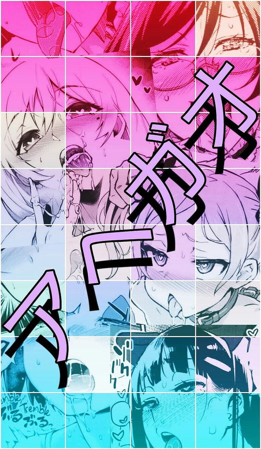 Tremble anime manga collage wallpaper featuring pink and blue gradient panels with expressive character faces and Japanese text overlay, ahegao anime animes manga, ahegao 1920x1080 girl anime HD phone wallpaper