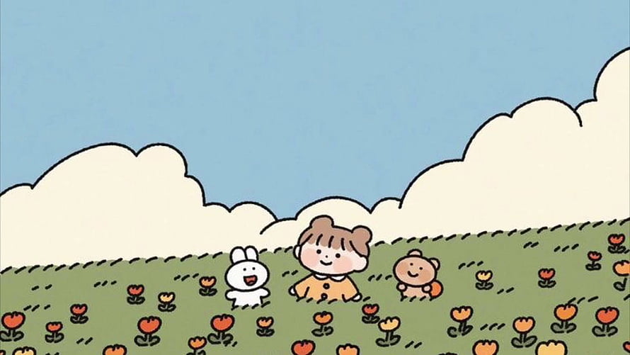 Cute Kawaii Cartoon Girl and Animal Friends in a Flower Meadow HD wallpaper