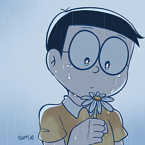Nobita Nobi Crying in the Rain Holding a White Daisy HD phone wallpaper