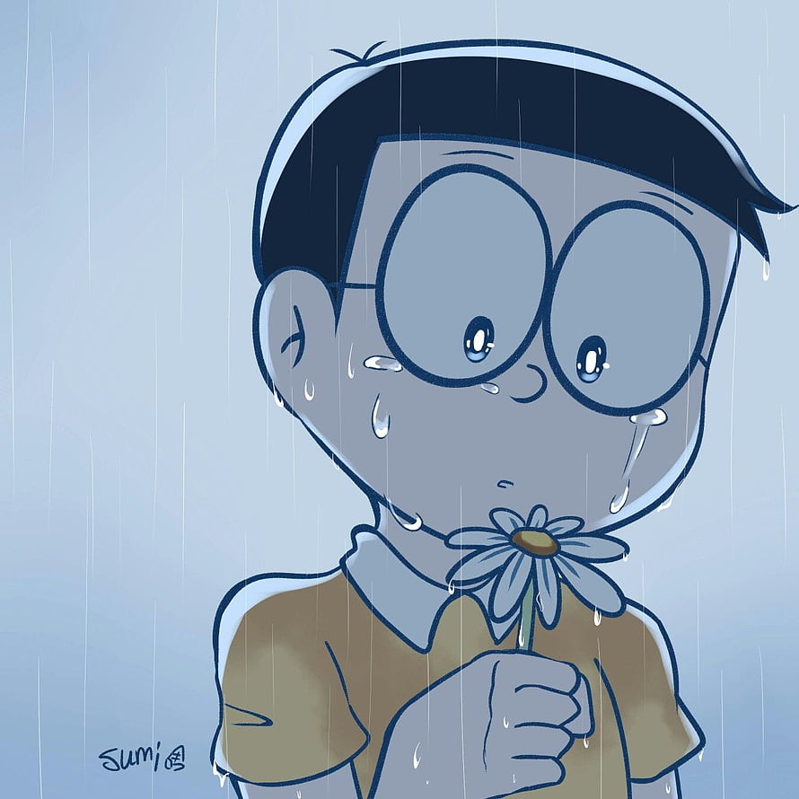 Nobita Nobi Crying in the Rain Holding a White Daisy HD phone wallpaper