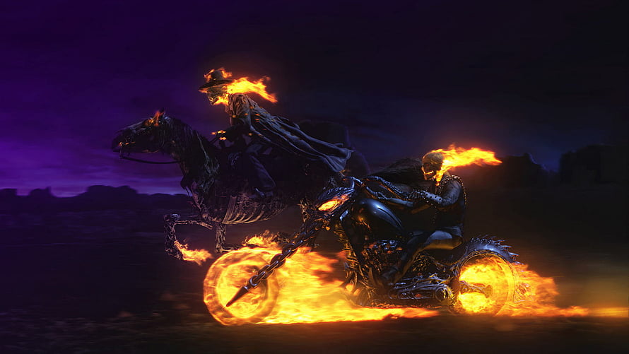 Ghost Rider and Carter Slade on flaming motorcycle and horse in dark landscape HD wallpaper