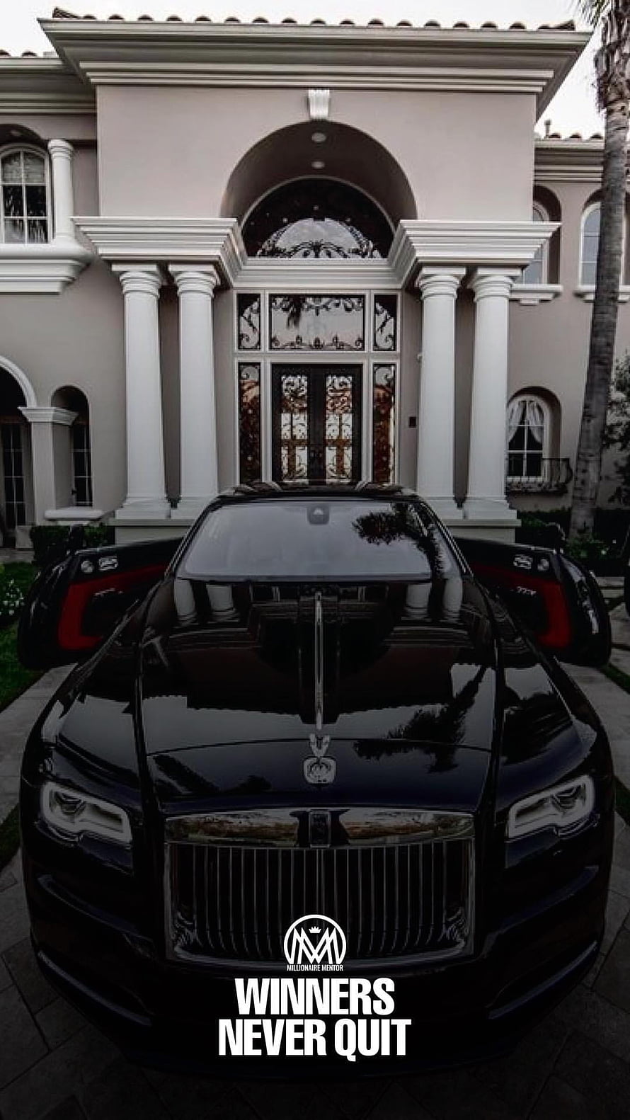 Black Rolls-Royce Cullinan with open doors parked in front of a luxury mansion, Millionaire Lifestyle , billionaire lifestyle HD phone wallpaper