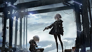 Anime Girl Pointing Gun at Kneeling Boy in Rainy Industrial Port HD wallpaper