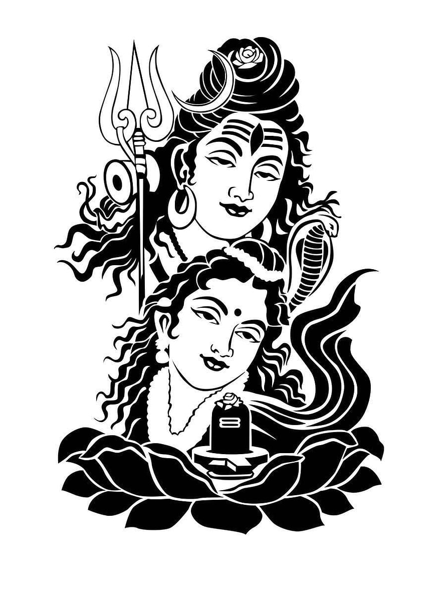 Lord Shiva and Parvati Black and White Tattoo Design with Lotus and Trishul HD phone wallpaper