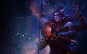 Lord Shiva Holding Trishul in Cosmic Space with Glowing Hands and Serpent Hair HD wallpaper