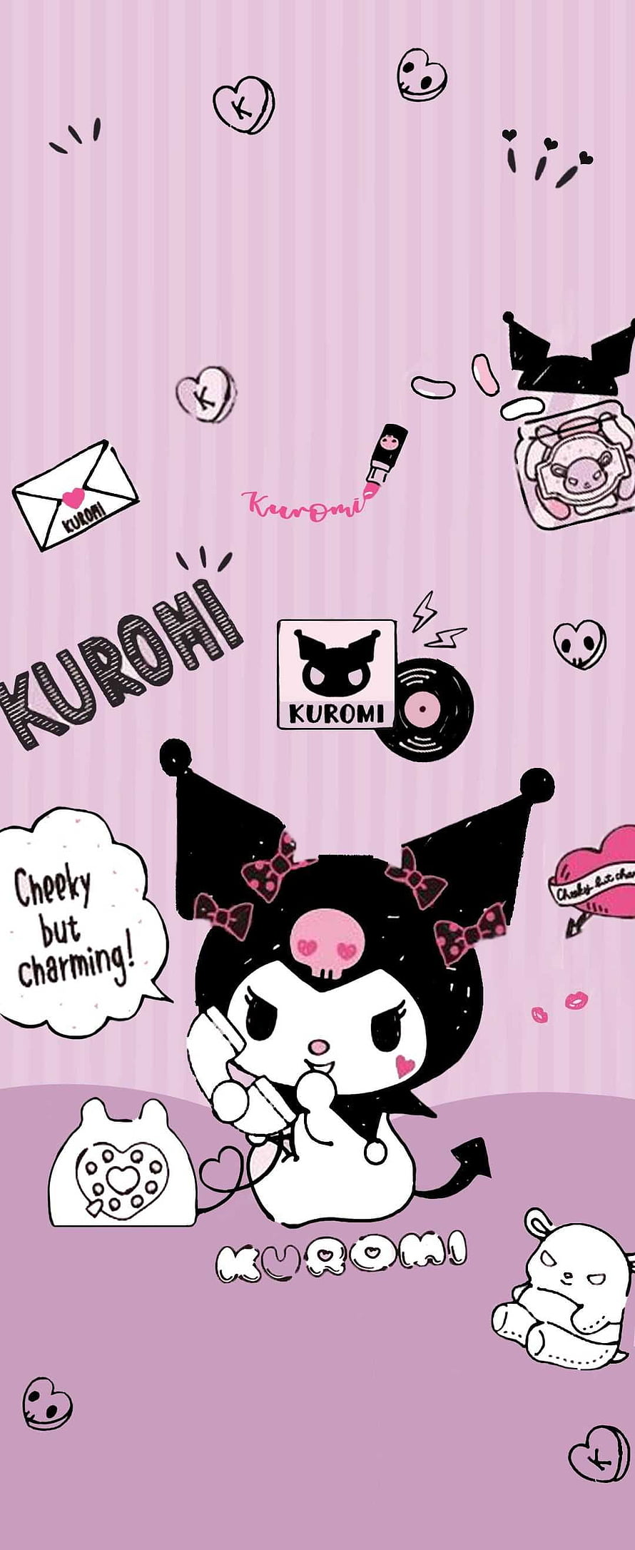 Cute Kuromi Sanrio Character Wallpaper with Pink Striped Background and Kawaii Accessories HD phone wallpaper