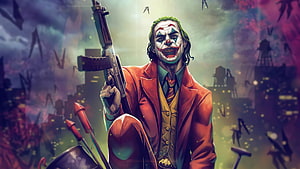 Joker Holding Rifle Amidst Chaotic Cityscape in Digital Illustration HD wallpaper