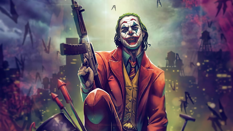 Joker Holding Rifle Amidst Chaotic Cityscape in Digital Illustration HD wallpaper