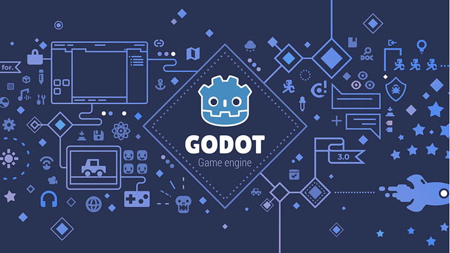 Godot Game Engine 3.0 Logo with Tech Icons on Dark Blue Background HD wallpaper
