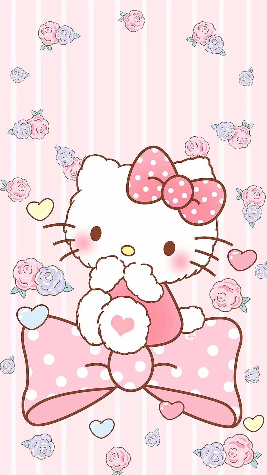 Cute Hello Kitty Sitting on Giant Polka Dot Bow with Roses and Hearts HD phone wallpaper
